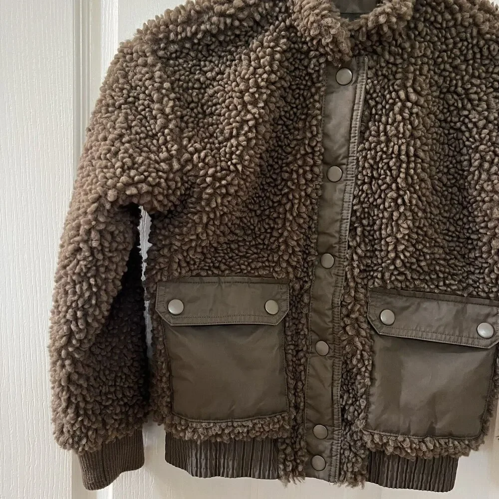 Art Class Sherpa Bomber Jacket Olive Green Snap Front Girls Size Medium 7-8